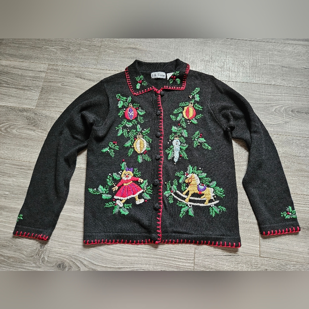 B.P. Designs Embroidered Button Down Christmas Cardigan Sweater Top Ornaments S